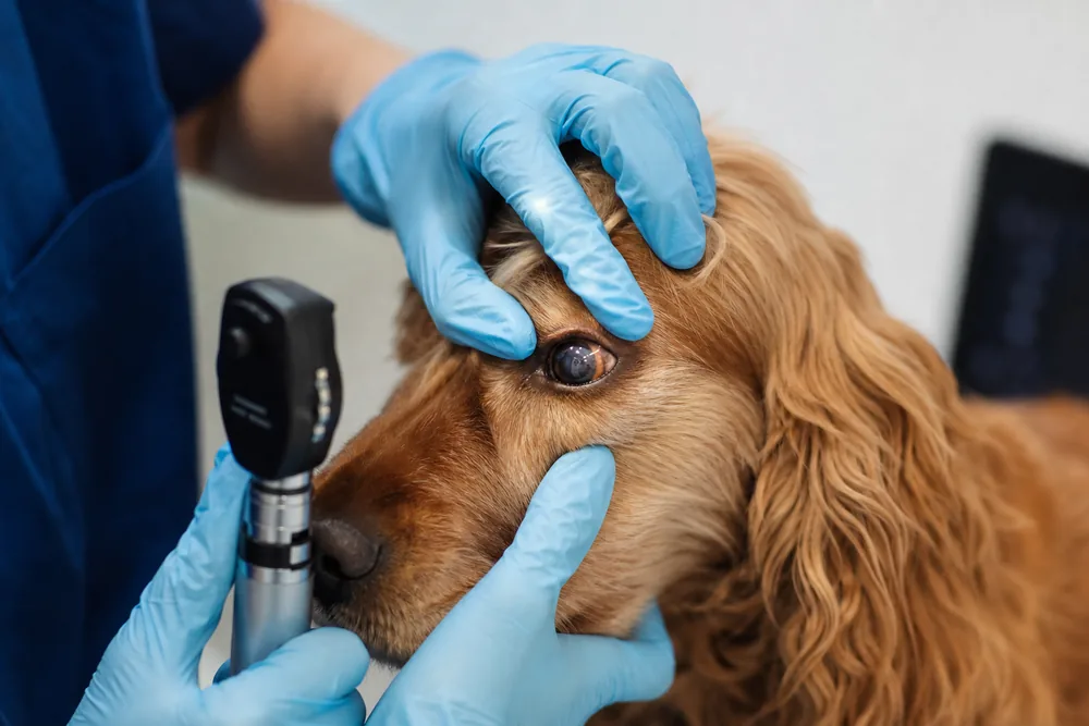 Examen ophtalmologique d'un chien à l'aide d'un ophtalmoscope