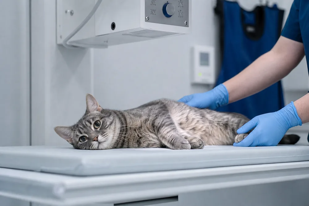 Chat installé sur la table de radiographie en salle d'imagerie médicale