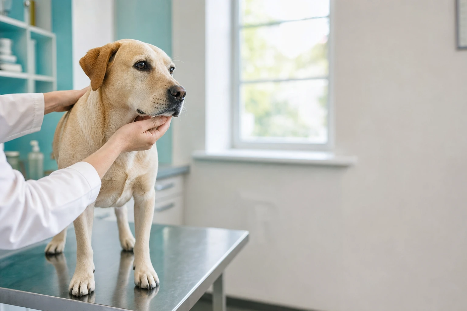 Chien calme examiné avec douceur par un vétérinaire dans un cabinet lumineux